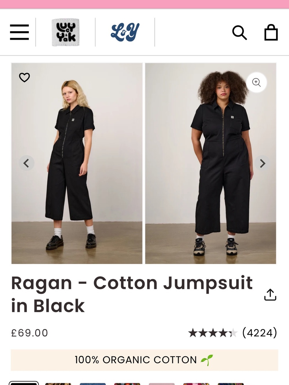 Lucy & Yak Black Short-Sleeve Cotton Jumpsuit in UK 6/US 2